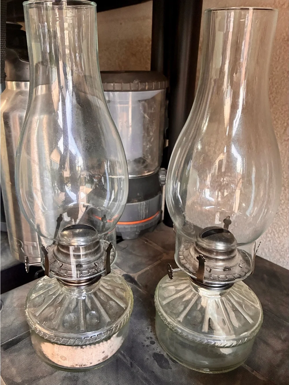 Vintage Lamplight Farms Clear Glass Hurricane Oil Lamps Pair